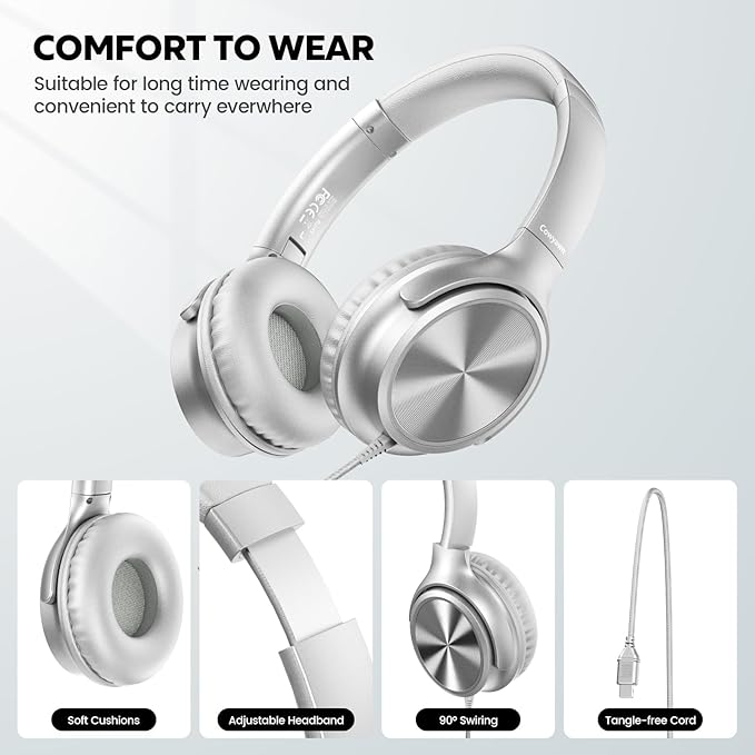 USB C Headphones Wired, Over Ear USB C Wired Headphones with Microphone, Volume Control, HD Stereo Sound, Foldable USB Type C Headphone for Adult/Teens/Laptop/Computer/iPhone 15/16/17, Sliver