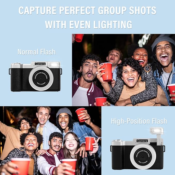 4K Digital Camera for Photography, 64MP Flip Screen Digital Camera for YouTube Vlogging, Selfies, Use with LED Light, 64GB Memory Card, Compact Design for Travel, Perfect for Teens and Beginners