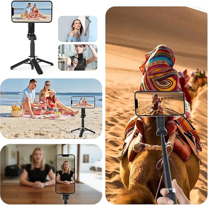 4-in-1 Multifunctional 360° Rotation Magnetic Selfie Stick for iPhone/Android - Portable Extendable Tripod with Detachable Remote, Universal Phone Mount & Metal Ring (Magnetic)