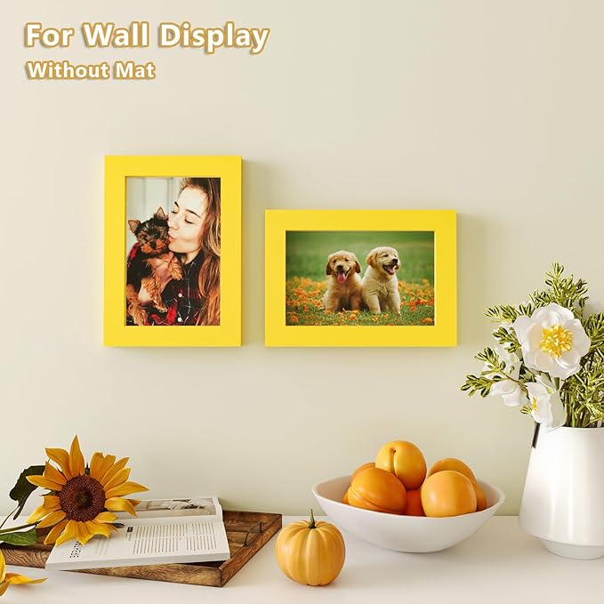 KINLINK 4x6 Frame Yellow, Solid Wood 4 x 6 Picture Frame with Acrylic Plexiglass for 3.5x5 with Mat, Tabletop and Wall Display Photo Frames 4x6 Yellow, 4 Pack