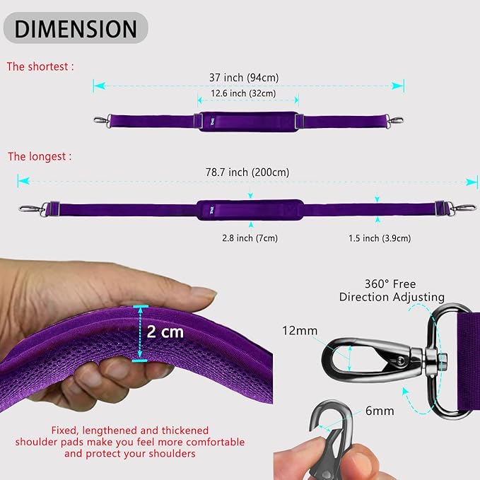 ZINZ 79 inch Shoulder Strap, Extra-thick Fixed Cushion Pad and Dual Clasps Universal Replacement Strap with Metal Swivel Hooks for Laptop Bags, Luggage Bags, Camera, Crossbody (200cm,Purple)