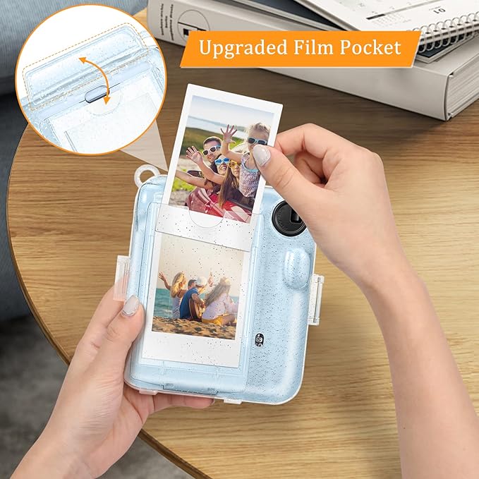 Fintie Protective Clear Case for Fujifilm Instax Mini 12 Instant Camera - Crystal Hard Shell Cover with Upgraded Film Pocket for Storing Photos & Removable Shoulder Strap