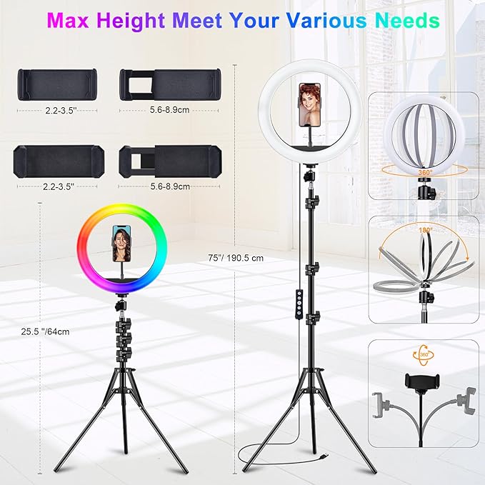 STALLY 10.2" Ring Light with Stand, 75" Tall Ring Light with Phone Holder and Wireless Remote, 12 Dimming Levels, 32 Color Modes Selfie Light Tripod for iPhone, Live Stream, Makeup, YouTube, TikTok