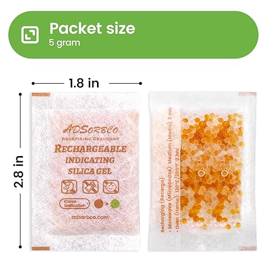 ADSorbco 5 Gram (150 Pack) Silica Gel Packets - Desiccant Packs for Storage, Moisture Absorbers for Food, Rechargeable, Orange-to-Green & White Blend for Food Storage, Electronics, Jewelry, Safes