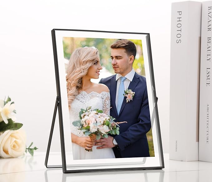 Black 6x8'' Floating Picture Frame Set of 2,For Photo Sizes (3.5x5''4x6''5x7''),Simple Metal beaded Floating Picture Frames for Tabletop/Shelf,Classy Gift Choice for Wedding,Thanksgiving