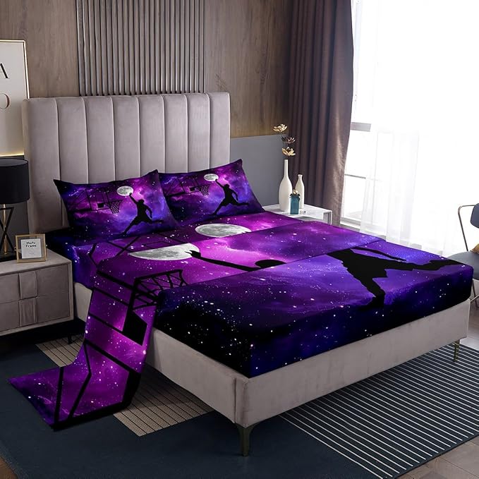 Galaxy Sheet Sets Boys Girls Basketball Flat Sheet Blue and Purple Starry Sky Bedding Universe Moon Print Sports Theme Basketball Bed Sheet, 1 Flat Sheet + 1 Fitted Sheet + 2 Pillowcases, Queen Size