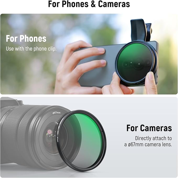 NEEWER 67mm Clip On CPL Filter for Phone, Circular Polarizing Polarizer Camera Lens Photography Accessories Kit Compatible with Android Samsung Galaxy S25 Ultra Google Pixel Huawei Xiaomi, FL-B19