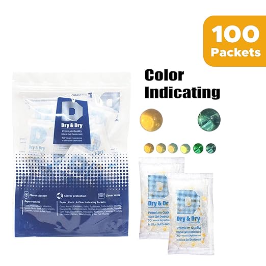 Dry & Dry 20 Gram [100 Packets] Orange Indicating Silica Gel Packets Desiccant - Food Safe Silica Gel Packs, Silica Gel, Desiccant Packs, Moisture Absorbers
