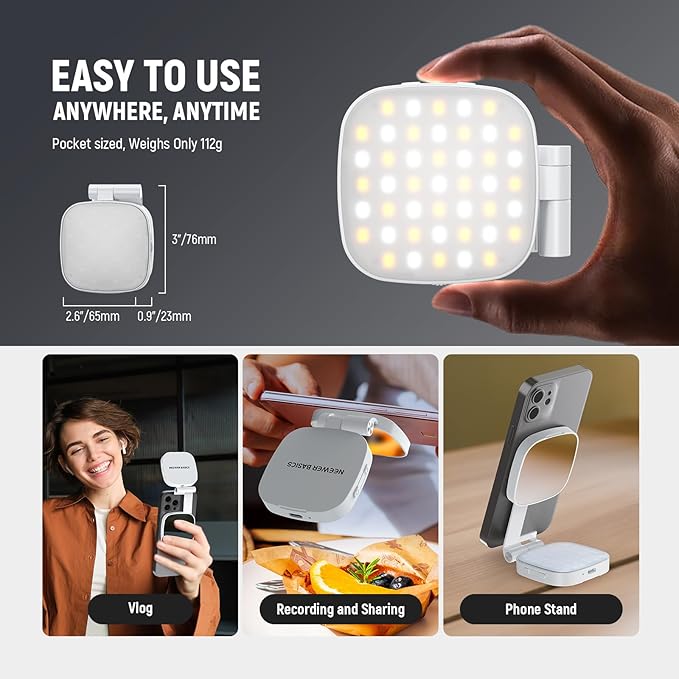 NEEWER Basics Magnetic Selfie Light Compatible with MagSafe iPhone, 2W CRI95+ Bi Color Swivel Small LED Phone Fill Lighting, 680lx/0.3m, Mirror for Vlog Recording Makeup Video Conference, NL45B White