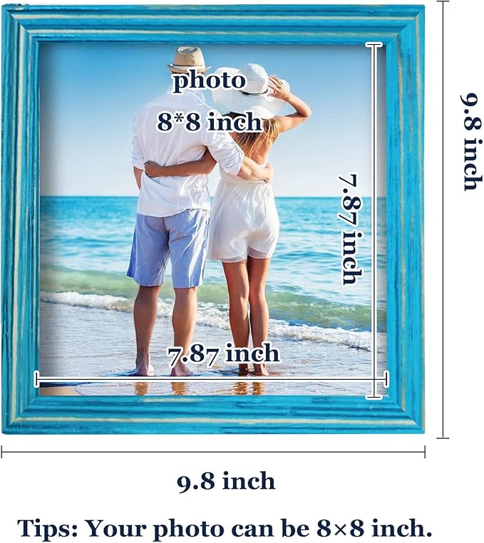 Rustic Wood 8 x 8 Picture Frame Wooden Square Blue Photo Frame with HD Glass Horizontal & Vertical Formats for Wall Mounting or Tabletop Display Gift Family Farmhouse Office Beach Gallery Home Decor