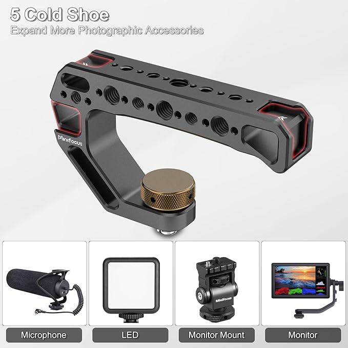 Top Handle with 3/8"-16 Locating Pins, Universal Camera Handgrip with 5 Cold Shoe Mount for Microphone, LED Light, Monitor, 1/4", 3/8" Threaded Holes with Locating Pins for ARRI Grip