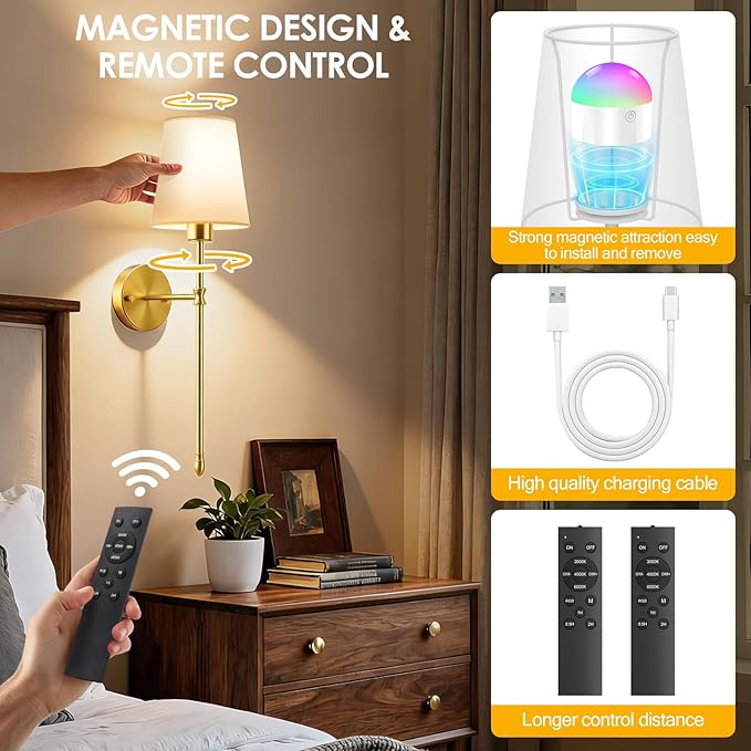OCATO Battery Operated Wall Sconce: 10000mAh Wireless Wall Sconces Set of Two Rechargeable Lamp Dimmable Magnetic Lights with 7 RGB Colors and Remote Walls Decor for Bedroom Living Room Hallway