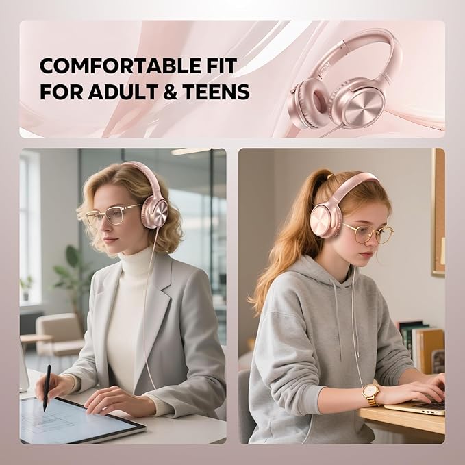 USB C Headphones Wired, Over Ear USB C Wired Headphones with Microphone, Volume Control, HD Stereo Sound, Foldable USB Type C Headphone for Adult/Teens/Laptop/Computer/iPhone 15/16/17, Rose