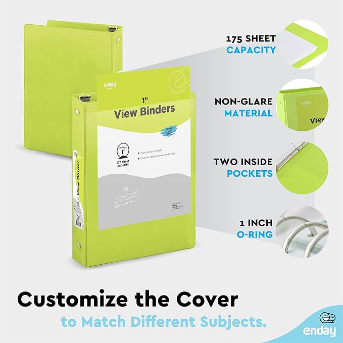 Enday 1 Inch Binder (6 Pack - Assorted Colors) 3 Ring Binder 1 inch with Clear View Cover and 2 Inside Pocket - for Letter Size 8.5 x 11'' Paper, Ideal for School Supplies, Office, and Home