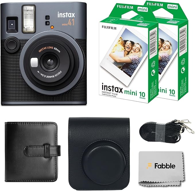 Fujifilm Instax Mini 41 Instant Film Camera Bundle with Groovy Case, Twin Pack Film (20 Sheets), Photo Album (32 Photos), –Vintage Black