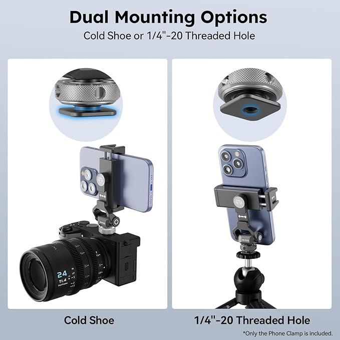 Sirui Metal Phone Holder with Cold Shoe Base for Camera Mount, Universal Tripod Smartphone Clamp with 3 Cold Shoes, Adjustable Cellphone Tripod Mount for iPhone 16 15 14, etc. Gunmetal, AM-PH01