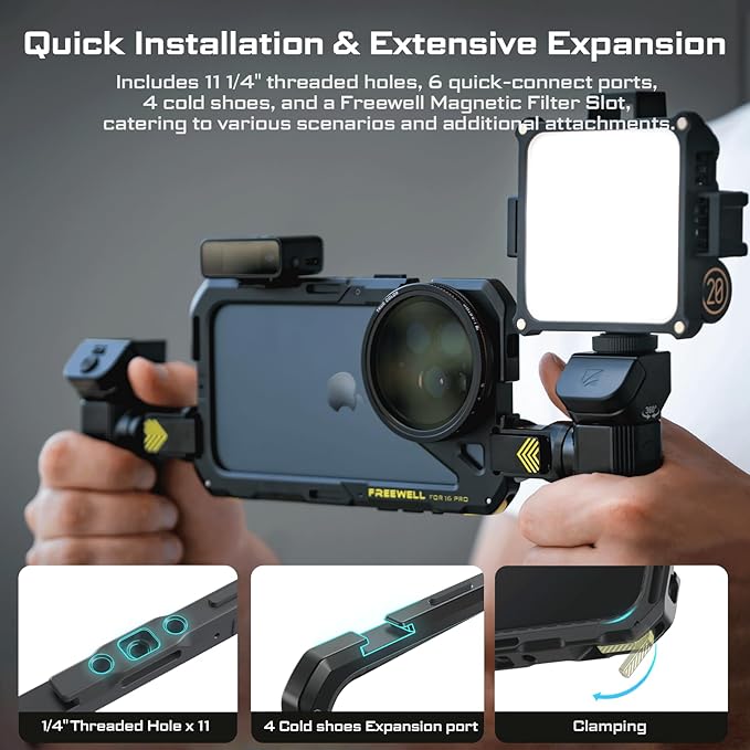 Freewell Genius Rig Cage for iPhone 16 Pro - Tool-Free Setup, Multifunctional Tripod and Monopod Handles, Bluetooth Remote