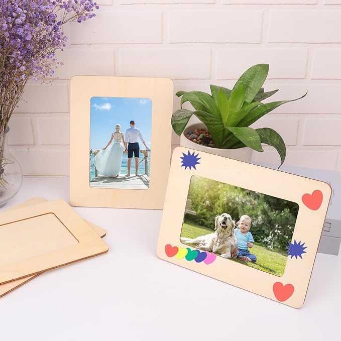 kukmakri 30 PCS Unfinished Wooden Picture Frames Set with 4.72 x 6.81 inch Photos, Wooden Frames for Crafts, Standing Postcard & Photos Picture Frame Set –Suitable for Crafts DIY, Souvenir Decoration