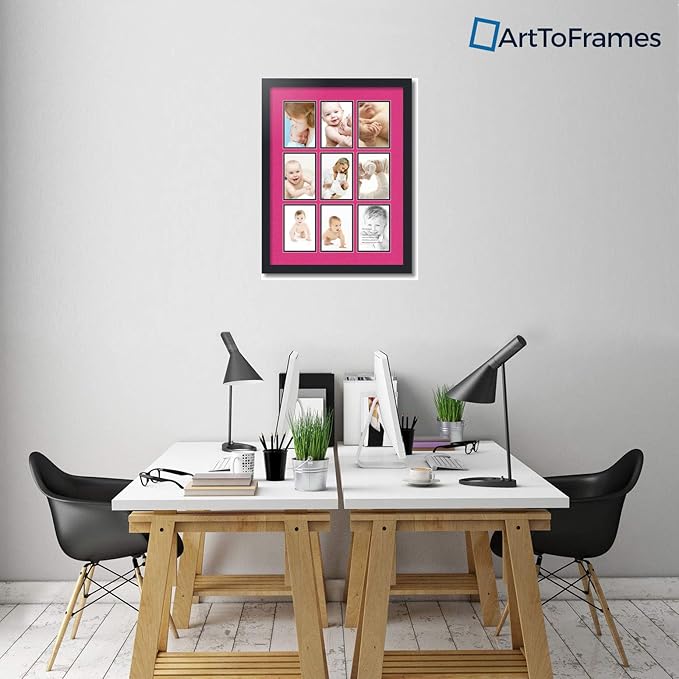 ArtToFrames Collage Photo Frame Double Mat with 9-4x6 Openings with Satin Black Frame and Tulip mat.