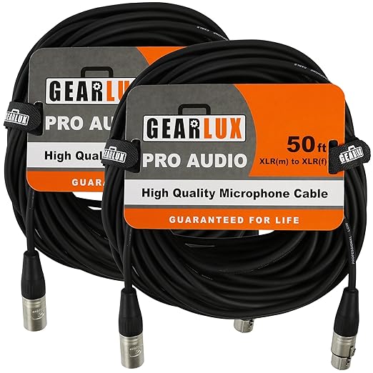Gearlux XLR Microphone Cable, Fully Balanced, Male to Female, 50 Feet - 2 Pack