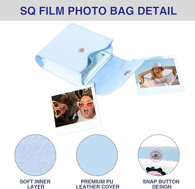WOGOZAN Square Album for Fujifilm Instax Square/SQ1/SQ40/SQ6/SQ10/SQ20/SP-3 Instant Camera 2.9x3.4 Inch Films for Instax Square Film, Photo Album for Polaroid Mini Pictures, SQ Photo Pouch Bag (Blue)