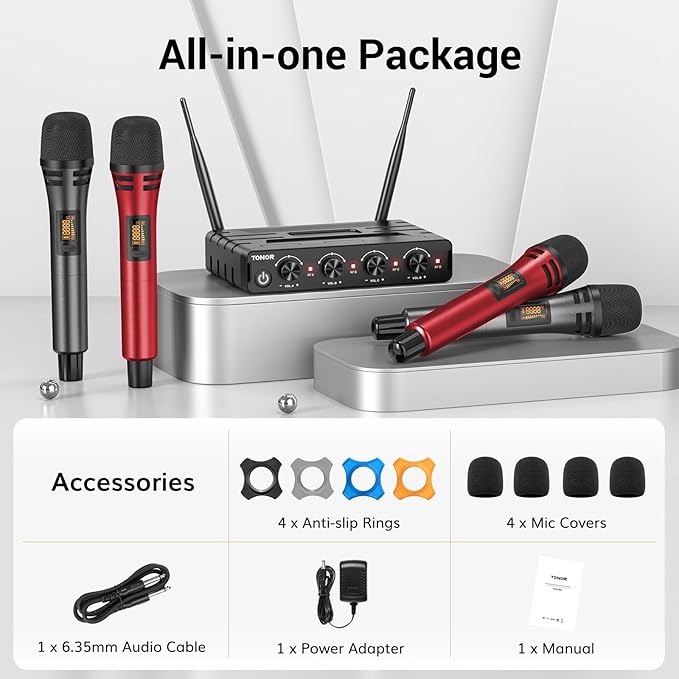 TONOR Wireless Microphones System with 4x10 Channels Cordless Handheld Microfono Inalambrico, UHF Mics with Stable Signal Transmission for Karaoke Singing Party Church Wedding 60 m/200ft Red
