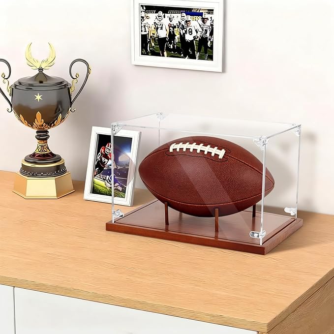 Hooqict Football Display Case Acrylic Clear Full Size with Solid Wood Base UV Protected Football Holder Stand Display Case for Sports Collections Autographed Ball Memorabilia Gifts