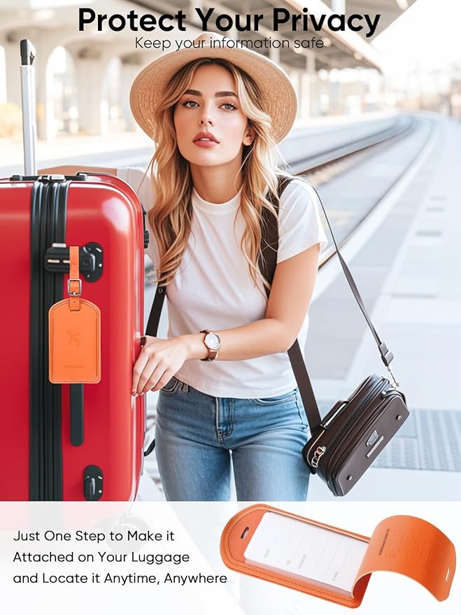 Luggage Tags Built-in Anti-Loss Tracker, Luxury Leather Luggage Tags for Suitcase, Travel Bags, Backpacks, Travel Organizer for Lost Baggage Prevention (Orange*2 Pack)