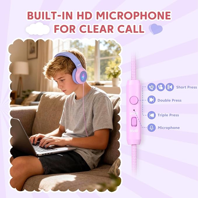 USB C Headphones Wired, Kid Headphones with LED Light, Over Ear USB-C Wired Headphone with Microphone, 85/94dB Volume Limit, USB Type C Headphone for Boys/Girls/School/Travel, Purple Gradient