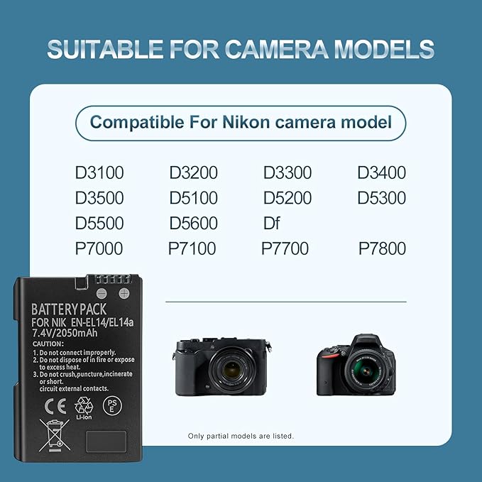 EN-EL14 / EN-EL14a Lithium Ion Battery Packs, 7.4V 2050mAh Compatible with Nikon D5100 D3200 D5300 D3100 D5200 D3300 D5500 D3400 Df D3500 D5600 P7000 P7100 P7700 P7800 Digital Camera (1 Pack)