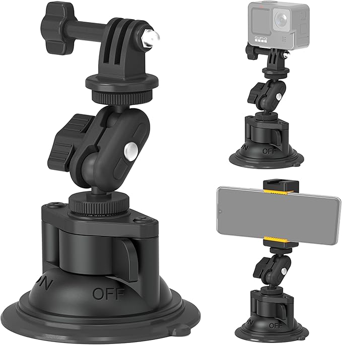 MINIFOCUS Suction Cup Camera Mount with Phone Holder, Car Camera Mount with Ball Head Magic Arm for Windshield Dash Compatible with GoPro Hero 11/10/9, DJI Osmo Action/Procket, Insta360 X5/4/3