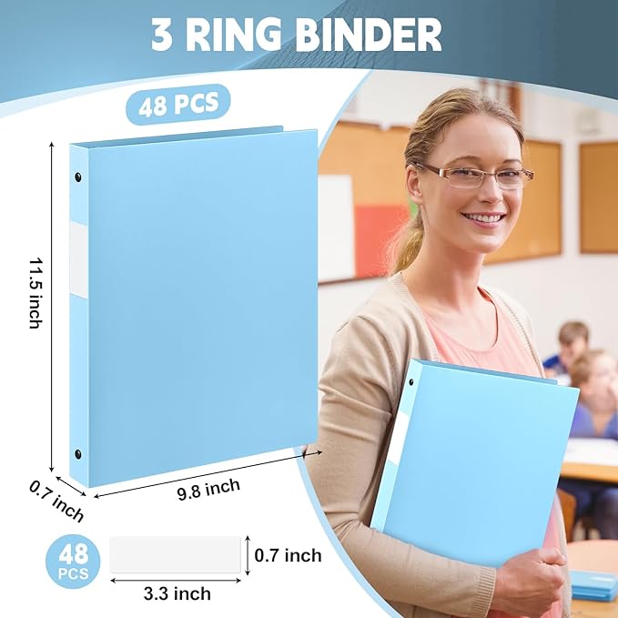 Henoyso 48 Pcs 3 Ring Binder 1/2'' Round Fits Letter Size 8.5'' x 11'' Paper Plastic Flexible Binder Holds 140 Sheets with 1 Pockets Versatile Organizer for Home Office School (Light Blue)