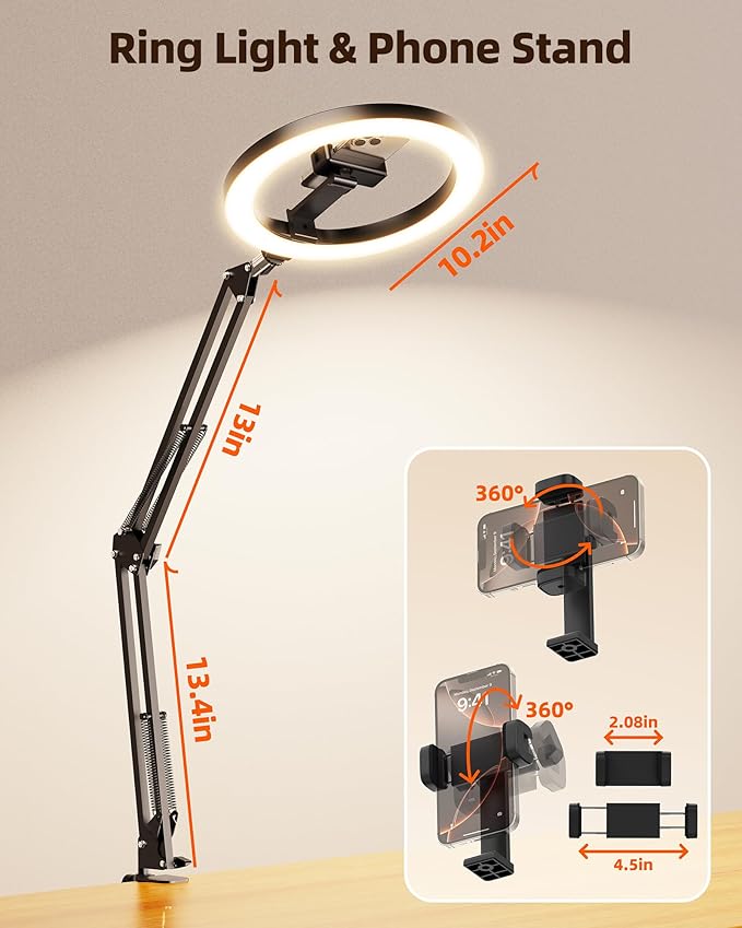 Overhead Phone Mount with Ring Light Phone Holder,10" LED Ring Light for Desk with Stand and Remote for iPhone,Phone Tripod with Light for Video Recording TikTok Live Stream Cooking Kitchen Vlogging