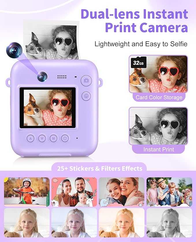 Digital Camera for Kids Instant Print, 48MP Dual-Lens Kids Camera for Girls Boys Christmas Birthday Gifts, 1080P Video Selfie Instant Cameras, Portable Toddler for 4-12 Years with 32GB Card-Purple