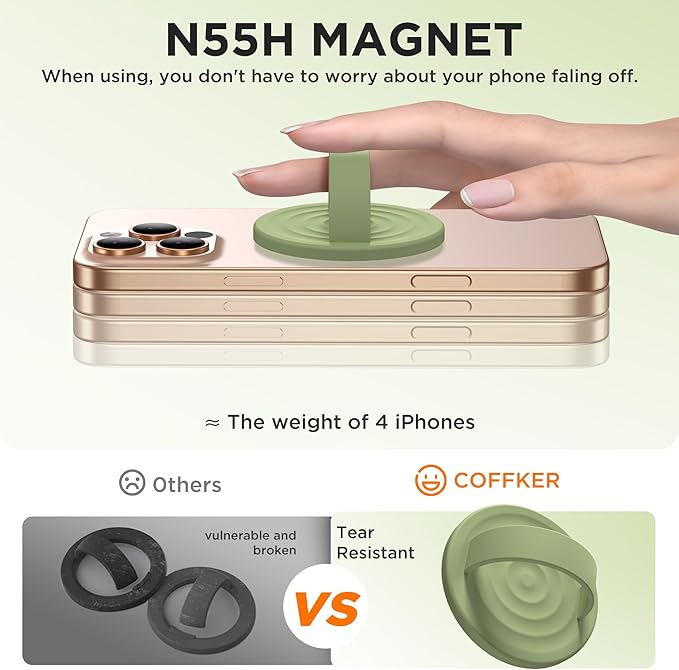 Magnetic Phone Grip Ring Holder, Liquid Silicone Magnet Cell Phone Grip Finger Loop, Compatible with Magsafe, Back of Phone for iPhone 17/16/15/14/13/12 Series, Tea Green