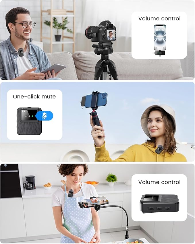 3-in-1 Compact Wireless Microphone for iPhone, Android, Camera: 20H Battery, 328FT Range, Mini Microphone for Video Recording, Noise Canceling for Content Creators(Frosted Black)