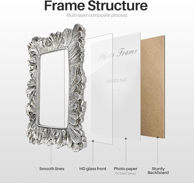 Cuspin Silver 3x5 Picture Frame, Vintage Silver Palm Leaves Textured Hand-Crafted Resin with Glass Front, Small Frames Elegant Wedding Frame for Wall Hanging and Tabletop Display
