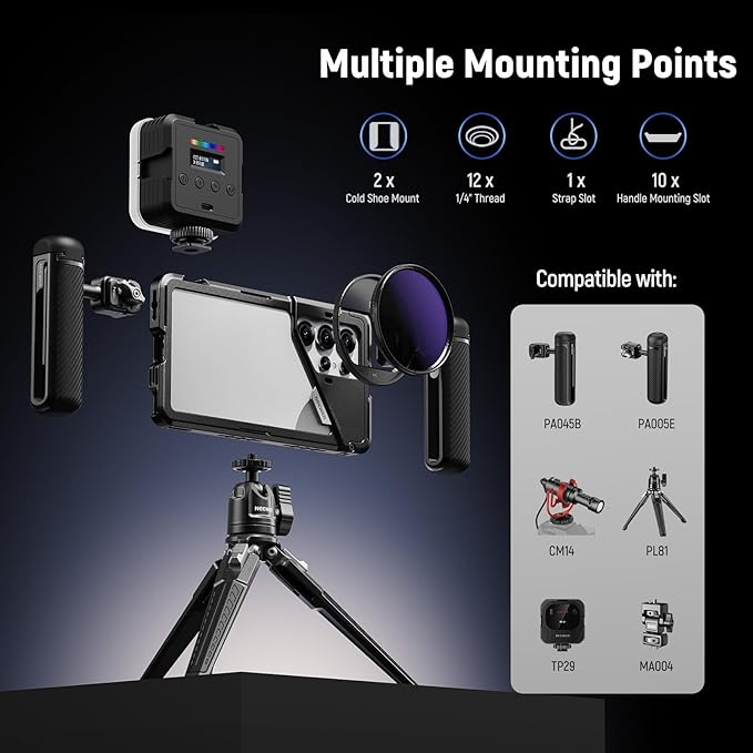 NEEWER S25 Ultra Phone Cage, Mobile Video Rig Phone Stabilizer with 67mm Filter Adapter, 17mm Lens Backplate, T Mount Lens Adapter, Compatible with Samsung Galaxy Moment T Series Lenses, PA082