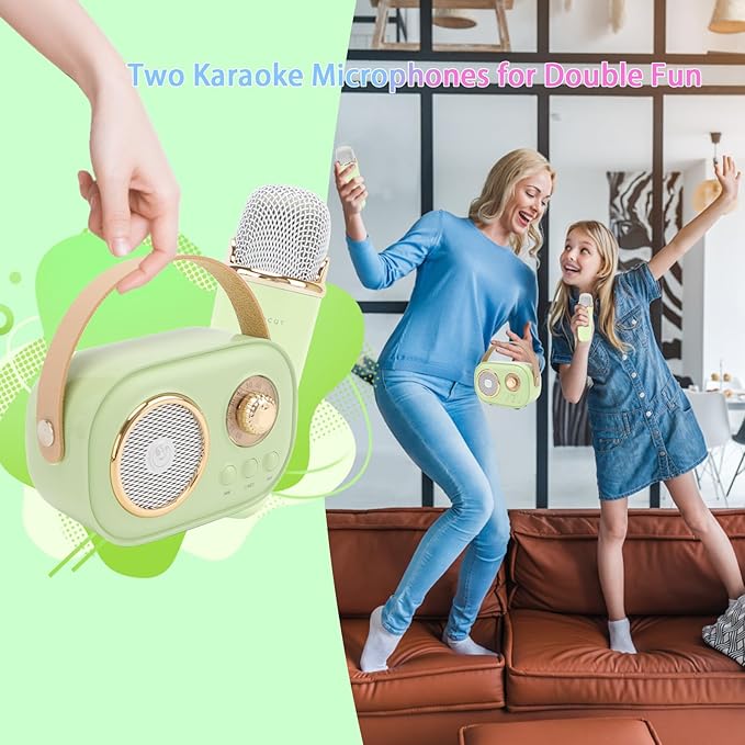 Mini Karaoke Machine for Kids,Portable Bluetooth Speaker with 2 Wireless Microphone,Toys for Girls Boys Gifts,Retro Speaker Set Stereo Sound Enhanced Bass for Home Party Birthday (Green)