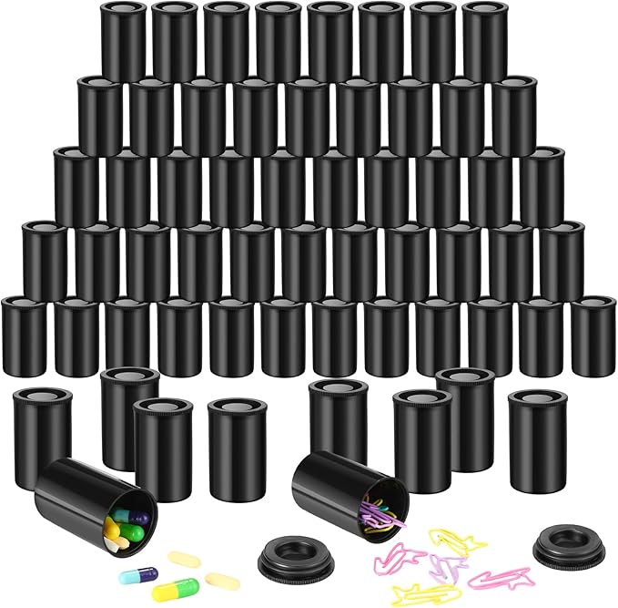 JOVITEC 200 Pcs Plastic Film Canister Holder 35 mm Empty Camera Reel Containers Storage Containers Case with Lids for Small Accessories Fish Hook Film Beads (Black)