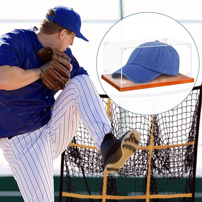 Hooqict Hat Display Case Acrylic Clear Full Size Baseball Hat Case Display Holder Stand with Solid Wood Base UV Protected for Ball Cap Storage Organizer Sports Collections Memorabilia