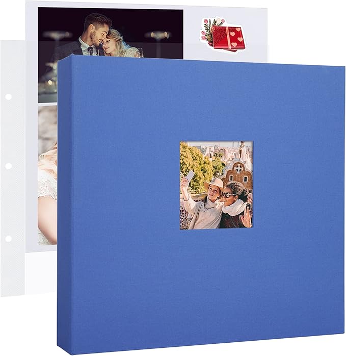 1DOT2 12x12 Inch Large 3 Ring DIY Scrapbook Photo Album Journal with 30 Plastic Sleeves 60 Pages and Fabric Cover for Baby Travel Wedding Couple Anniversary kids Adventure (Blue Cover/White Pages)
