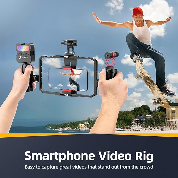 Zeadio Quick Release Cell Phone Cage, Aluminum Versatile Rig Cage with Dual Handle Modes – Universal Phone Stand for Recording/YouTube/Live Streams/Tabletop Filming/Content etcCreation/Travel etc
