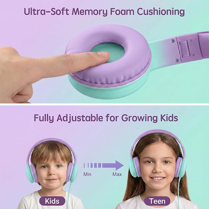 Wired Kids Headphones with USB C Plug, 85dB Safe Volume, Adjustable Headband, Tangle-Free Cord Headphones for School, Tablet, Travel (Lavender & Mint Green, Without Microphone)