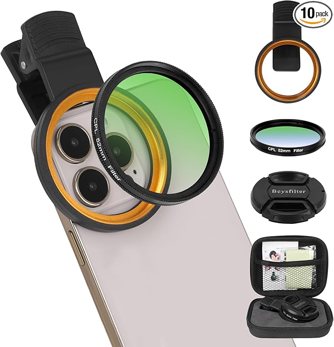 52MM CPL Filter for Phone, Clip-on Circular Polarizing Lens, HD Multi-Coated Optical Glass, Camera Lens Filter Kit Compatible with iPhone 16 15 14, Samsung, Google Pixel and Other Smart Phones