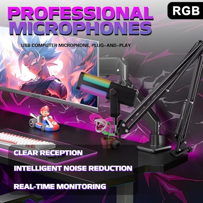 USB Gaming Microphone with Boom Arm - Professional RGB Condenser Mic for PC/PS5 - Triple-Knob Control (Mic Gain, Headphone Vol, Monitor Mix) - Zero Latency Streaming Kit