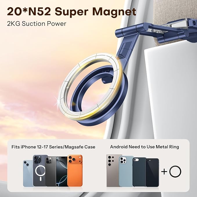 OMOTON 360°Rotating for MagSafe Tripod Mount, Adjustable Aluminum Magnetic Phone Tripod for iPhone 17/16/15/14 Pro Max Air, Foldable Cell Phone Stand Fits Vlog, Gym, Travel Essentials, Navy Blue