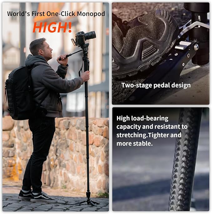 COMAN One-Click Lifting Carbon Fiber Monopod, 69‘’ Camera Monopod with Feet, Lightweight Travel Tripod with Quick Release Plate for Camera, DSLR, Camcorder, Max Load 22lbs/10kg (M1ProV5)