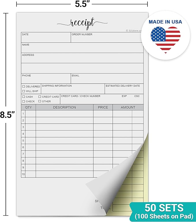 321Done 2-Part Carbonless Receipt Pad 5.5x8.5, Made in USA, Carbon Duplicate Copy Sales Order Form, Invoice Booklet, Cute Convenient for Small Boutique Business (50 Sets) White/Yellow