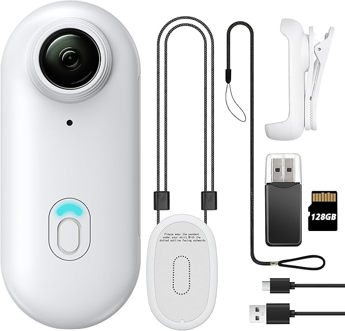 Meoilkolnm Mini Body Camera, Wearable Action Body Cam, Thumb Size Hands Free Recording Body Worn Camera, Premium Portable Camcorder Mount Anywhere for Pet Walking, Work, Travel (White, 128GB)